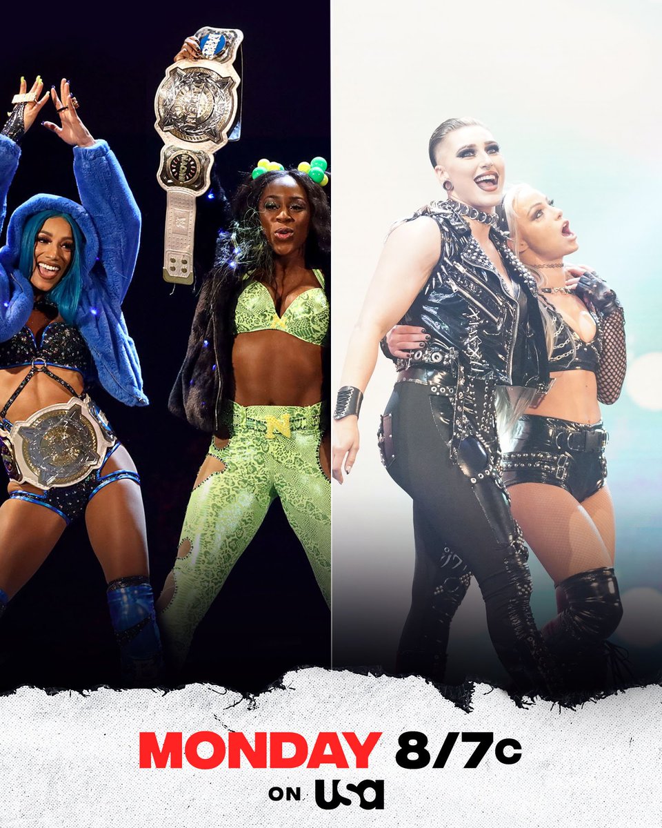 WWE's tweet photo. Can @RheaRipley_WWE &amp; @YaOnlyLivvOnce become the NEW @WWE Women's Tag Team Champions next Monday on #WWERaw or will @SashaBanksWWE &amp; @NaomiWWE get another glowing win?

https://t.co/93G7zVVNUL https://t.co/7QrtV5oOLY