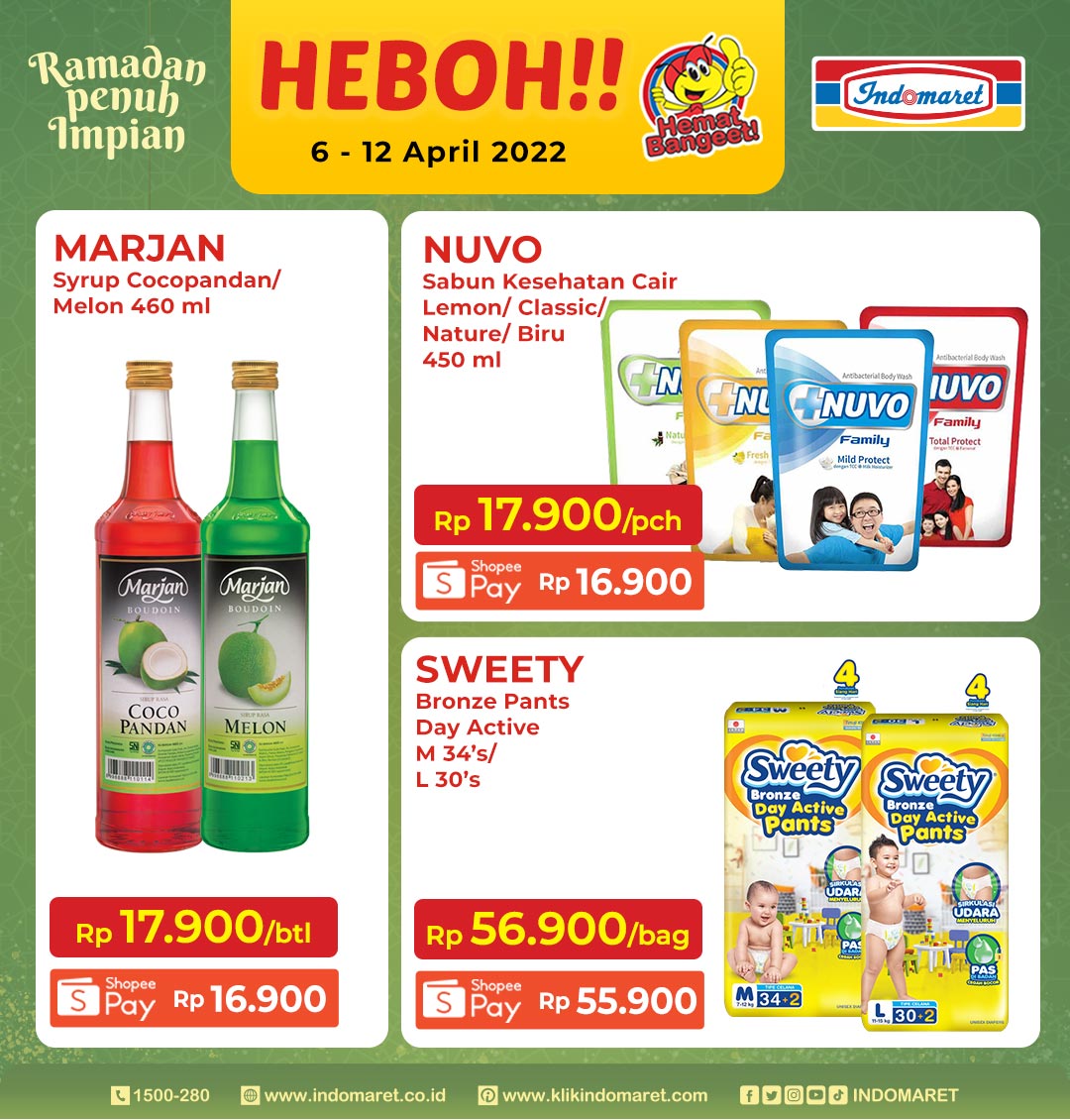 Jangan sampai terlewatkan Promo HEBOH di Indomaret. Yuk, belanja selama periode 6-12 April 2022!  
S&amp;K Harga Spesial ShopeePay: 
Belanja PRODUK LAIN senilai Rp50.000. Berlaku untuk 1 barang/transaksi/struk. 
#PromoHeboh #Indomaret #PromosiIndomaret