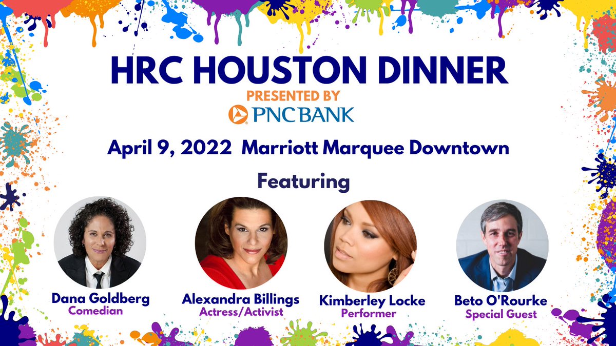 Join <a href="/BetoORourke/">Beto O'Rourke</a> @IamABillings <a href="/DGComedy/">Dana Goldberg</a> &amp;  <a href="/KimberleyLocke/">Kimberley Locke</a> at the 2022 HRC Houston Dinner. Sure to be a great night! Ticket link in Bio.