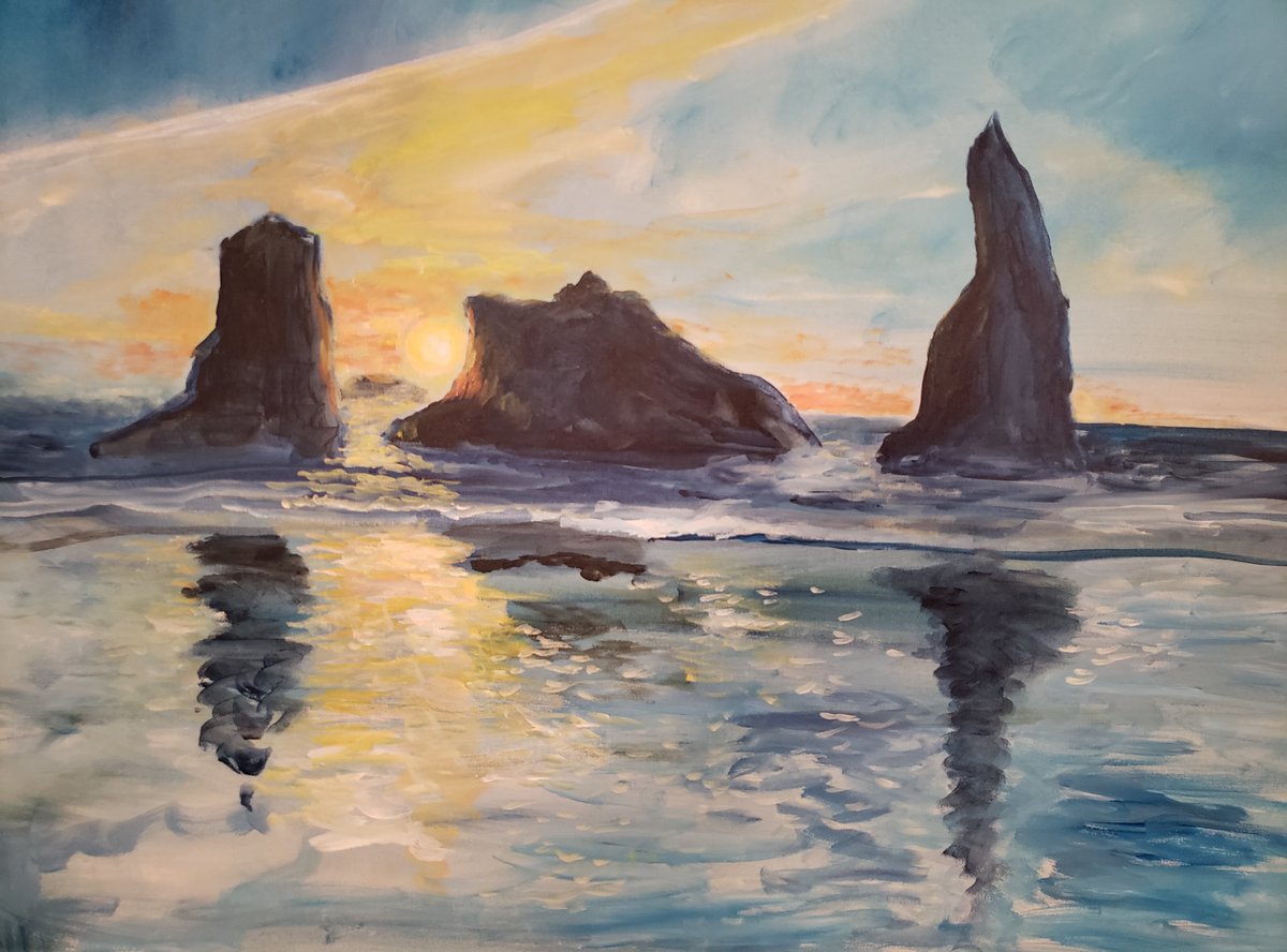 As of the April 4th video fb.watch/cbquRJeyND/  Sunset Bandon, based on photography by Werner Lobert, artist Mike Trapp #bandonoregon, #oregoncoast #art #miketrappart #workinprogress