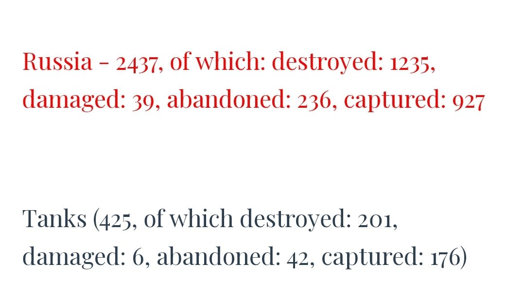 It's been interesting to watch the reported number of Russian losses. In war the warring parties exaggerate the losses of the enemy wildly,so I have looked at Ukrainian claims with a good dose of scepticism. But it's becoming clear their #'s are not off by as much as I assumed   https://twitter.com/oryxspioenkop/status/1511089246794301448