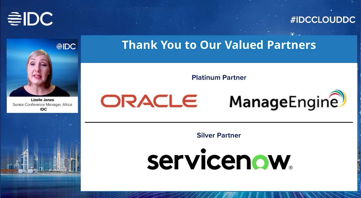 IDCMEA's tweet photo. Thank you Partners! @Oracle @manageengine @ServiceNow for joining us! #IDCCLOUDDC #IDCDigital https://t.co/i57yEaij1x