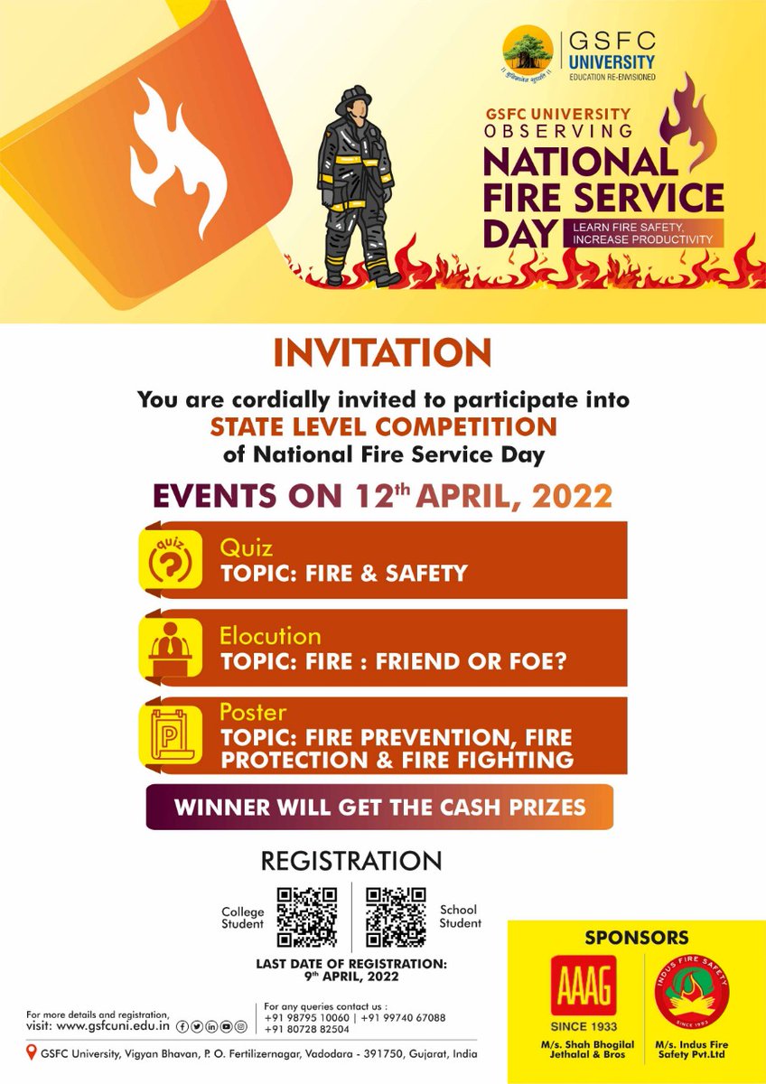 FireIndus's tweet photo. Indus Group (Indus Fire Safety Pvt Ltd) invite students to participate and attend the state level event of Fire Safety services at GSFC university.
Email us on : technicalsupport@indusfire.com
Click here for more details: https://t.co/0bztJQvISE https://t.co/yvYGgHx7VD