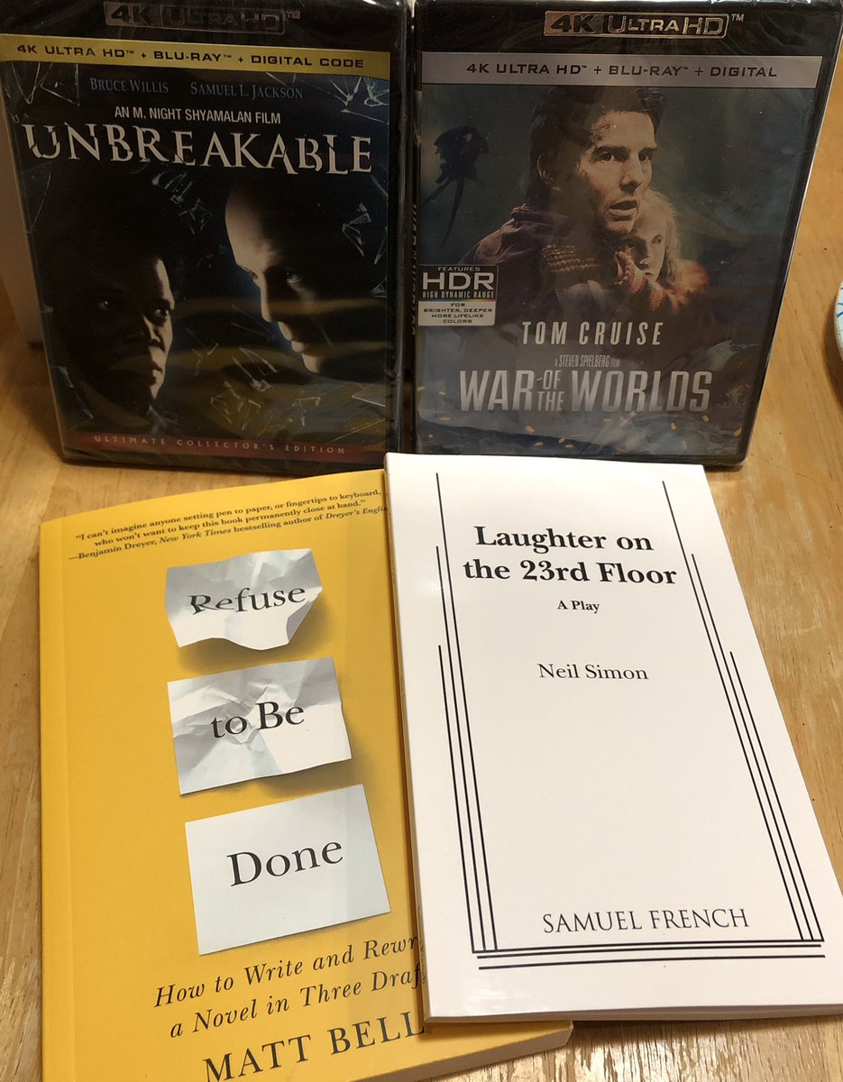 44th #birthday gifts from my parents. Seeing them together like this, kinda me in a nutshell really. Grateful for another trip around the sun. #unbreakablemovie #waroftheworlds #scifi #horror #hgwells #amwriting #refusetobedone #neilsimon #laughteronthe23rdfloor #yourshowofshows