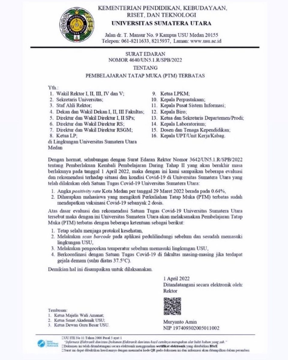 Surat Edaran : Pembelajaran Tatap Muka (PTM) Terbatas di Universitas Sumatera Utara -> instagram.com/p/Cb9IUc9LR1o/… #usukabar