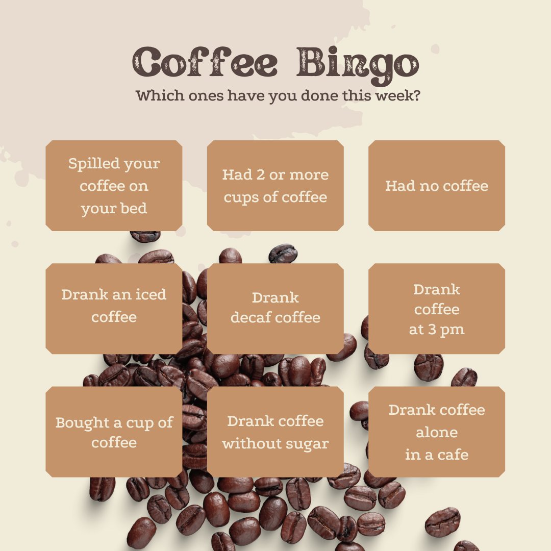 qldhealth's tweet photo. How do you have your #coffee? No matter your order, for many of us coffee is a daily ritual we wouldn’t go without. ☕ 

But does coffee actually give us a pick-me-up? Is it good for our health? 

Find out more: https://t.co/CwyR4OBRzd &amp; have fun with our coffee bingo below 👇 https://t.co/BFTLGr6hxl