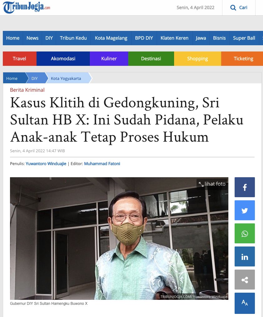 nDoro Sultan waktu itu (Januari 2022) ngendika: klitih cuma dibesar-besarkan, dan curiga ini by design.

Semalam ada korban klitih meninggal, dan ternyata korban adalah anak dari ketua fraksi partai. nDoro sultan ngendika: