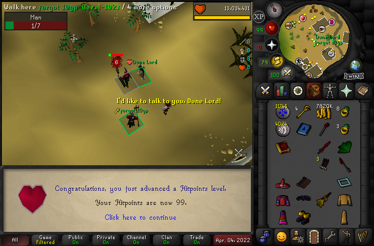 Try2Hard4You's tweet photo. Untrimmed 99 HP and Max Melees on the account that cannot Trade or Leave the Desert // 3600 Hours play time // RoadtoRaids3 https://t.co/OetIaPlsX1
