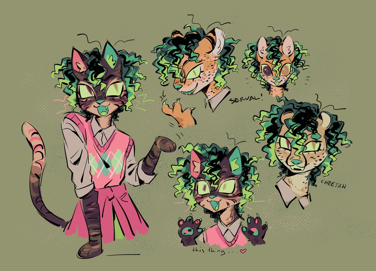 animal ears tail furry green hair colored sclera multiple views green background  illustration images