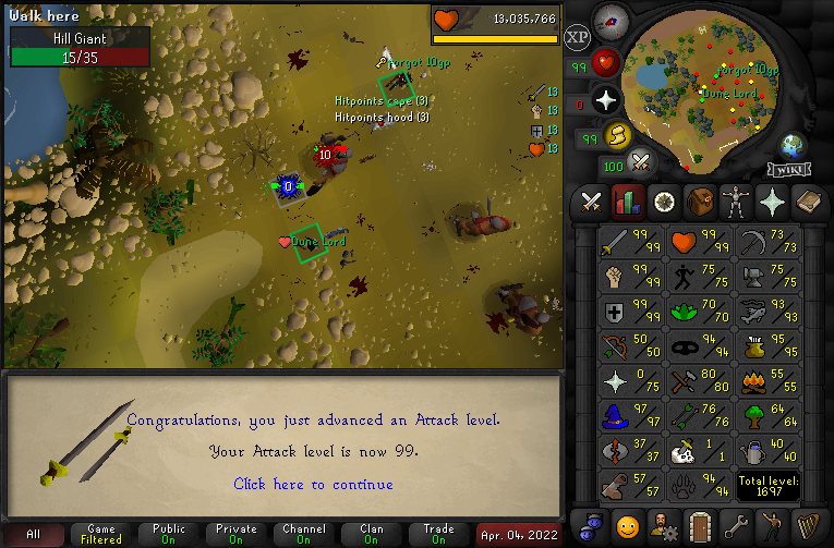 Try2Hard4You's tweet photo. Untrimmed 99 HP and Max Melees on the account that cannot Trade or Leave the Desert // 3600 Hours play time // RoadtoRaids3 https://t.co/OetIaPlsX1