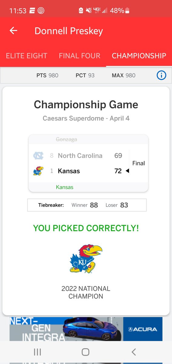 dnellp's tweet photo. Yes!!! Way to turn it around in the 2nd half. Mt busted up bracket ended up being a winner. #Jayhawks https://t.co/4E6bjRG9kf