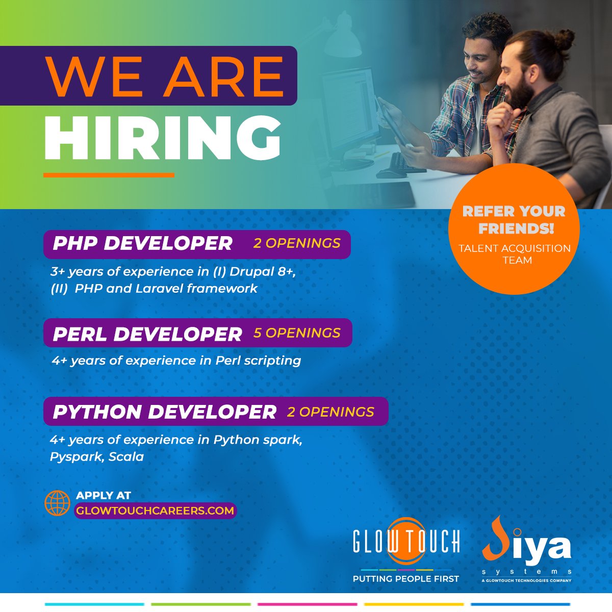 diya_systems's tweet image. Candidates with 4+ years of experience each as a PHP Developer, Perl Developer and Python Developer, kindly apply glowtouchcareers.com
#Hiring #PHPDeveloper #PerlDeveloper #PythonDeveloper #Diya #GlowTouch