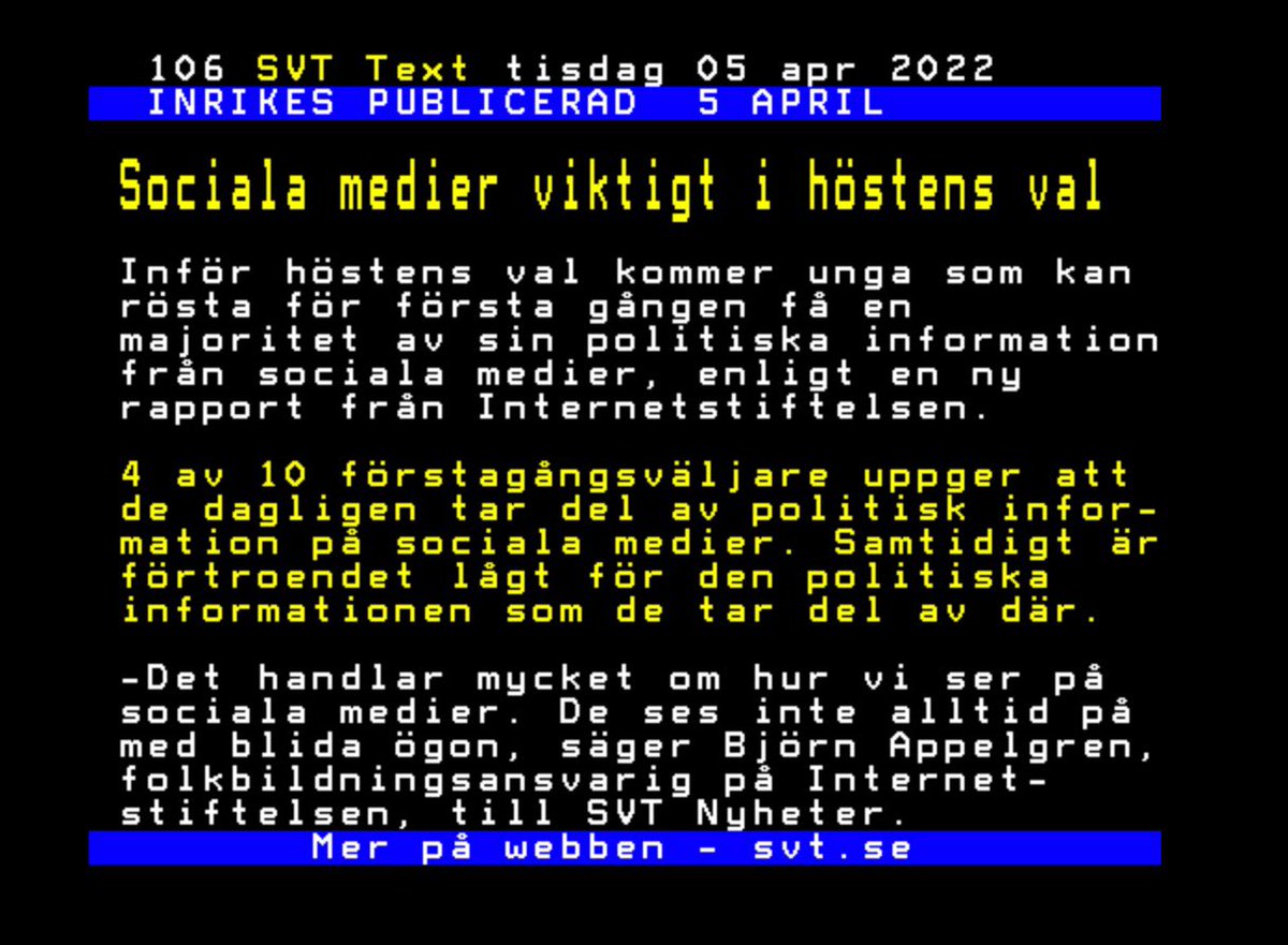 bjornappelgren's tweet photo. Drömmen var väl att hamna på sidan 377, men ändå stort att vara med på text-tv. Läs hela rapporten från @stiftelsen här https://t.co/tfBqP1jTnd https://t.co/aIISOrt3y6
