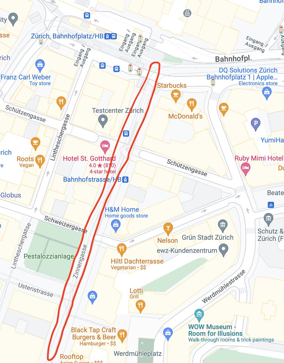 wsgisler's tweet photo. @googlemaps Somehow "Bahnhofstrasse" in Zürich, #Switzerland was renamed to "Zinnengasse". (Which exists in Zürich, but is somewhere entirely different) This is definitely not correct. How did this happen? https://t.co/LWgrlflRq0