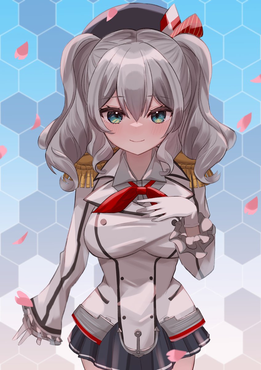 kashima (kancolle) 1girl solo skirt grey hair red neckerchief twintails gloves  illustration images