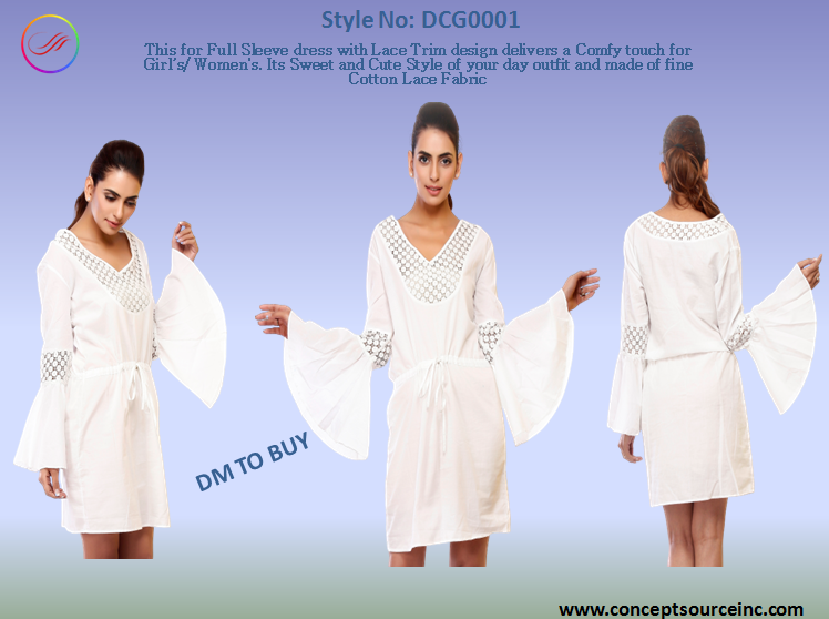 ConceptsSource's tweet image. This for Full Sleeve dress with Lace Trim design delivers a Comfy touch for Women/Ladies. Its Sweet and Cute Style of your day outfit and made of fine Cotton Lace Fabric