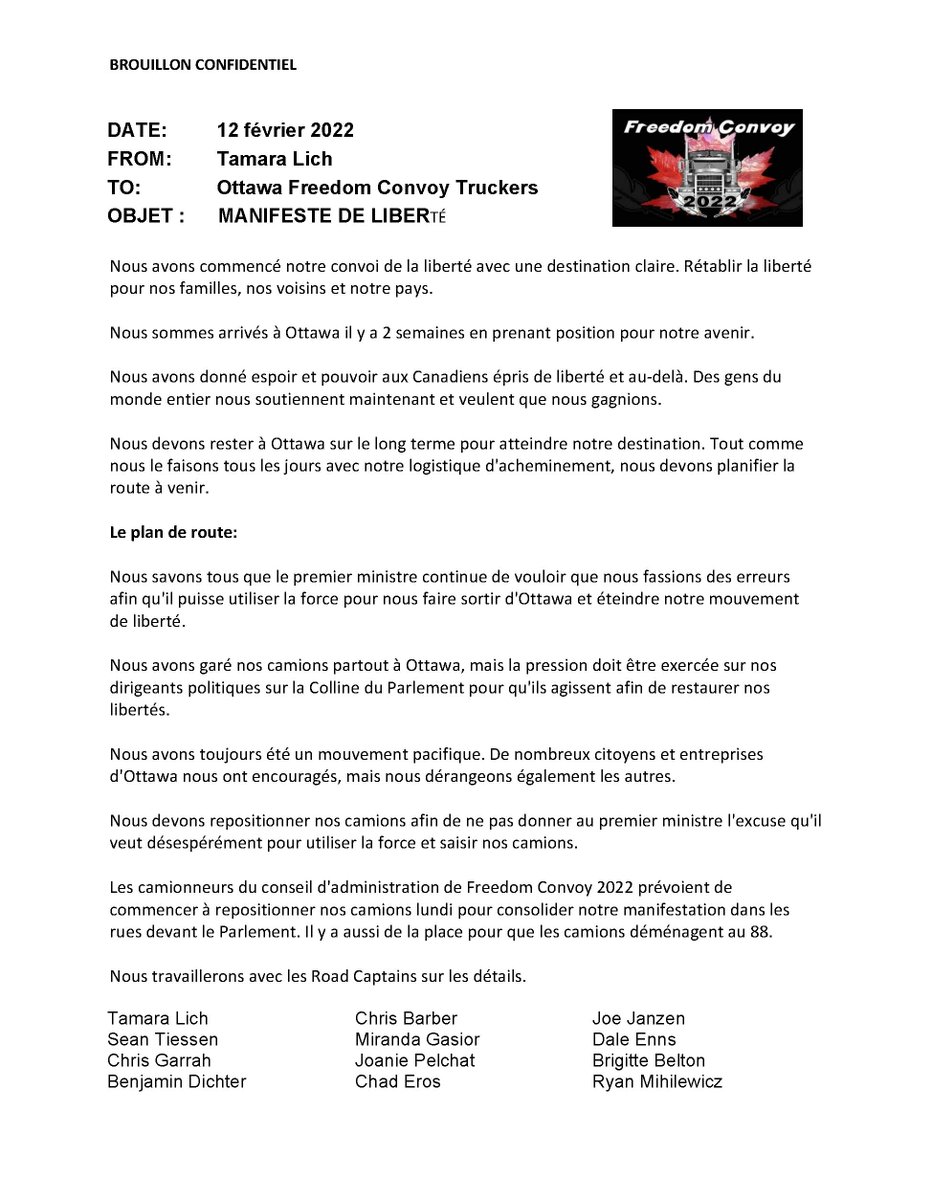 6) February 12, 2020 (French) Letter written, printed, handed out by Tamara Lich, Chris Barber, numerous volunteers to truckers to ensure a peaceful protest, reduce inconvenience to residents, move trucks in front of Parliament off of side streets as per Mayor Watson's request.