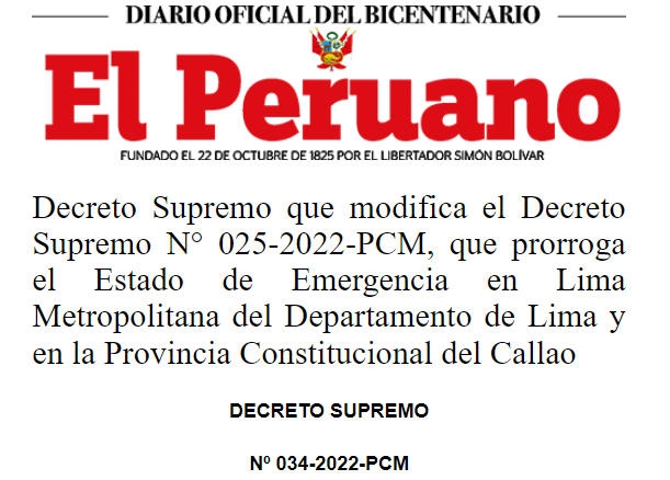 pcmperu's tweet photo. Decreto Supremo N° 034-2022-PCM | Desde las 2:00 a.m. hasta las 11:59 p.m. del 5 de abril de 2022, se dispone la inmovilización social obligatoria en Lima Metropolitana y en la Provincia Constitucional del Callao.

📰 https://t.co/4Rw4PAkcz2 https://t.co/JmxkmeQVTX