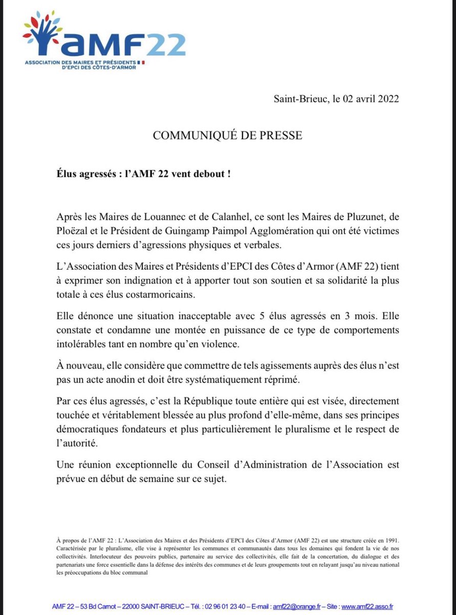 Les maires et présidents d’epci des Côtes d’Armor mobilisés en réaction aux différentes agressions d’élus ces dernières semaines : « quand  des élus sont agressés, c'est la République toute entière qui est visée »