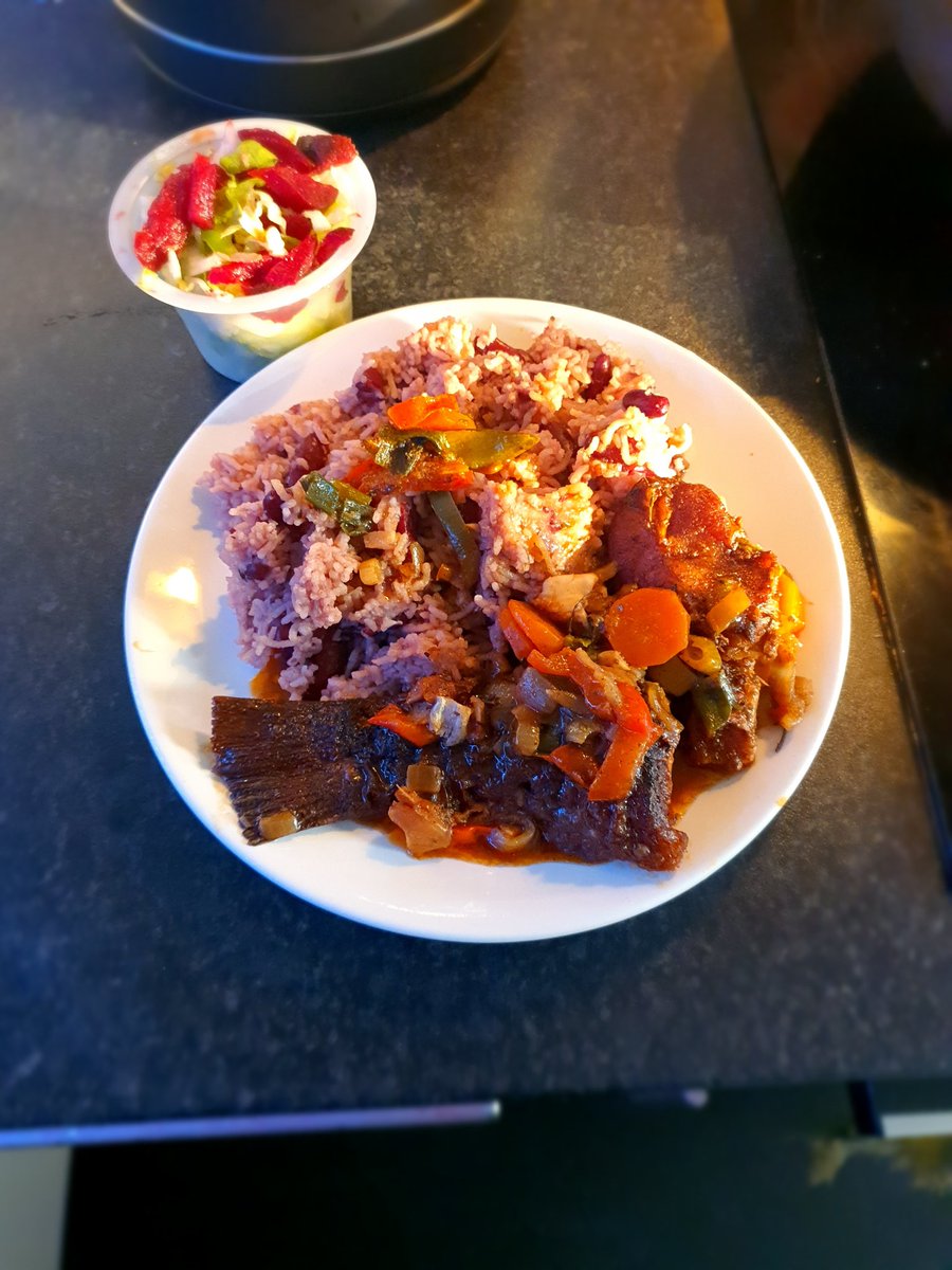 SoulSouthwark's tweet photo. Brown stew fish with rice n peas/salad/coleslaw. https://t.co/CZHiT8p5ci