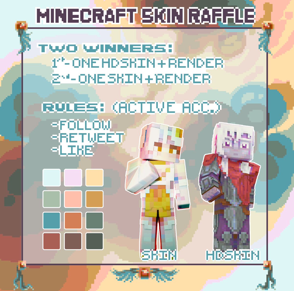 Minecraft skin art raffle! Celebrating 500+ subs! Two winners, one HD skin and one regular skin. Feel free to comment a preference!

To enter:
- Follow
- Retweet
- Like

Closes April 15th! Making custom to request, OCs and fanart work. Good luck!

Can't wait? Comms open!

#raffle