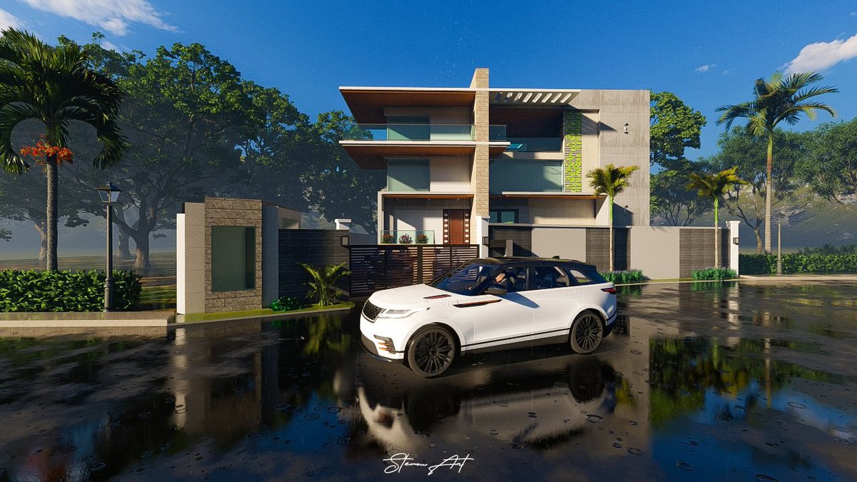 3D Rendering dengan konsep bangunan arsitektur tropical.