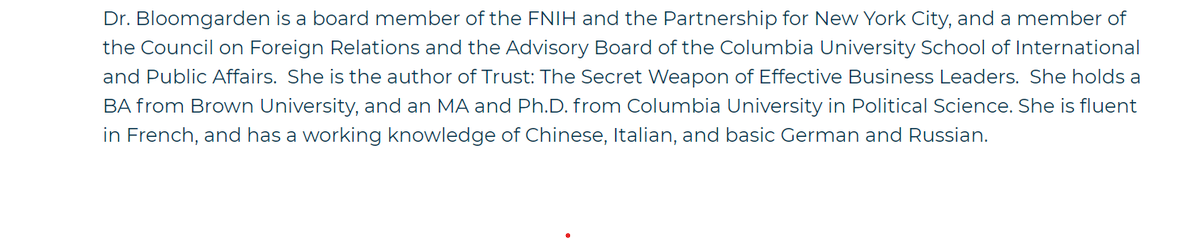 tobeycakes's tweet photo. Kathy Bloomgarden is a member of the Board of Directors and Governance of the Foundation for the National Institute of Health..

She is on the Advisory Board of the Columbia University School of International Studies and of course Council on Foreign Relations.. https://t.co/3SfOb42TN4