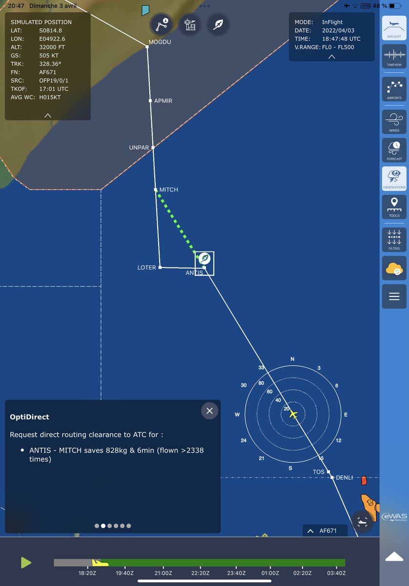 zepyaf's tweet photo. Dans la zone contrôlée par les Seychelles, au large de la Somalie, la route fait bizarrement un angle droit.

En demandant poliment au contrôleur grâce à OptiDIRECT, notre application d’optimisation de trajectoire, nous avons pu gagner 700kg de fuel, et 6mn de vol… #AF671 https://t.co/WdDb4HWKd6