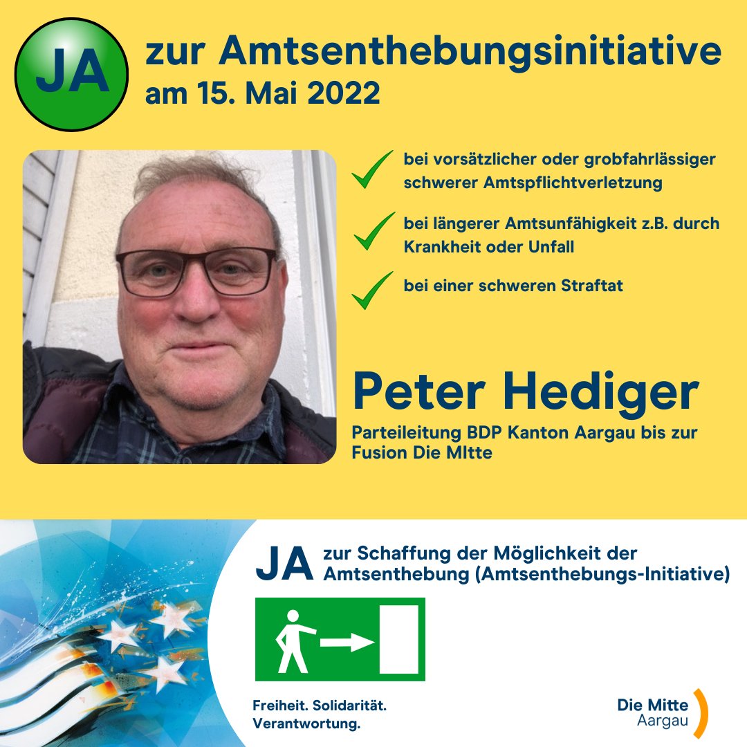 DieMitteAargau's tweet photo. Am 15. Mai Ja zur Amtsenthebung bei 
✅ vorsätzlicher oder grobfahrlässiger schwerer Amtspflichtverletzung
✅ längerer Amtsunfähigkeit z.B. durch Krankheit oder Unfall
✅ einer schweren Straftat
https://t.co/Ddjy3KvAZN https://t.co/kVWq9RfBjQ