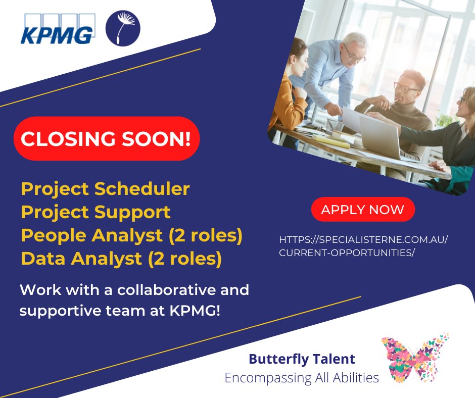 SpecInAus's tweet image. Closing soon! @KPMG is recruiting the skills and talents of #autistic individuals into a range of roles based in #Canberra. #ProjectScheduler #ProjectSupport #PeopleAnalyst #DataAnalyst
For all the information visit: lnkd.in/ezxM_NJ