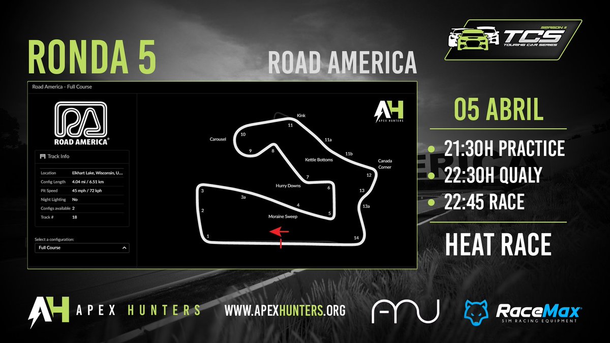 Apex__Hunters's tweet photo. 📆 RACE DAY!
Vamos con la 5a ronda del #TCSERIES en el trazado americano de Road America, dónde se espera una carrera de rebufos y muchas oportunidades de adelantamiento.
Desde las 22.20h, en https://t.co/CdqgGV1p2e, únete y no te pierdas esta carrera! https://t.co/F5W0IHegej