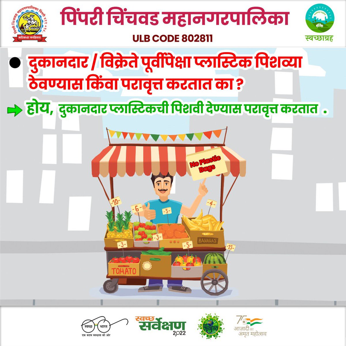 pcmcindiagovin's tweet photo. • दुकानदार / विक्रेते पूर्वीपेक्षा प्लास्टिक पिशव्या ठेवण्यास किंवा परावृत्त करतात का ❓
~होय, दुकानदार प्लास्टिकची पिशवी देण्यास परावृत्त करतात.
 #SwachhSurvekshan2022Maharashtra
#SwachhSurvekshan2022PimpriChinchwad
#swachhsurvekshan2022
#SwachhSurvekshan2022PCMC https://t.co/57GDMZIdeH