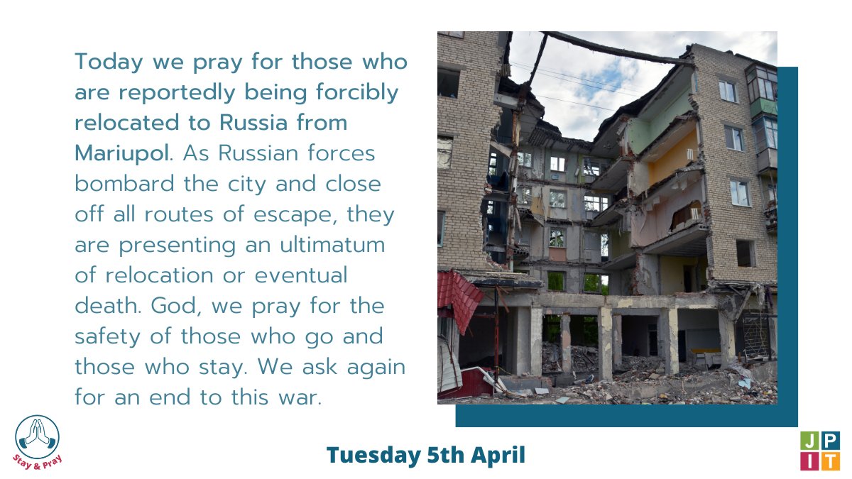 Today we pray for those who are reportedly being forcibly relocated to Russia from Mariupol. God, we pray for the safety of those who go and those who stay. We ask again for an end to this war.

#StayAndPray