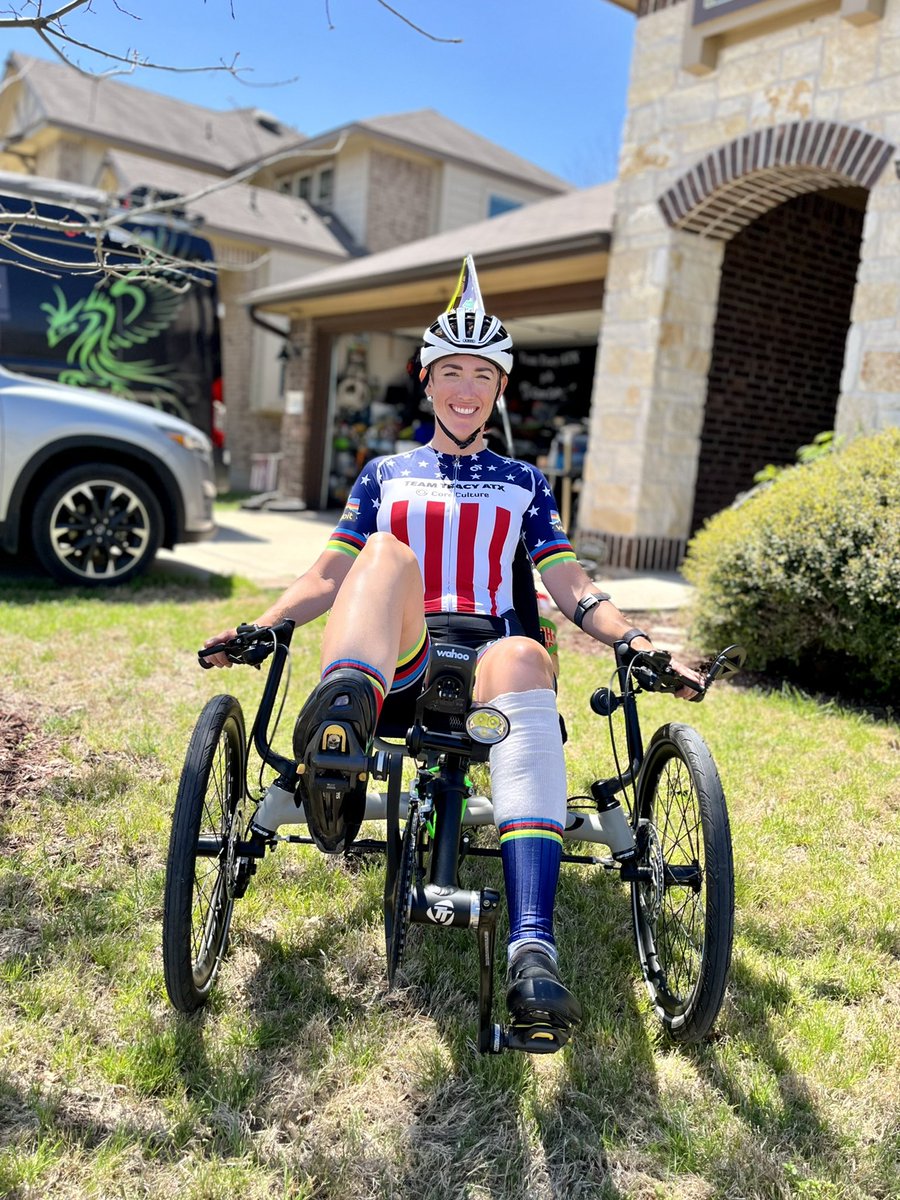atx_tracy's tweet photo. Phase to recovery post being struck by a vehicle. Recovery/rehab, @achillesintl support with a Hand Cycle, trainer 20/80 balance then add a trike recumbent to build volume with limited force on injured leg. https://t.co/wExasxqOIi