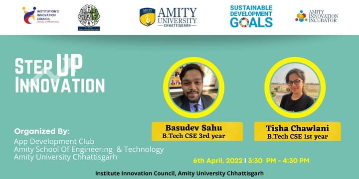 amity_school's tweet photo. APP Development Club, Amity School of Engineering &amp; Technology, Amity University Chhattisgarh is going to organize “Step-Up Innovations" on 6th April 2022 at 3:30 PM under the umbrella of “Institute Innovation Council, Amity University Chhattisgarh". https://t.co/moX6ipfyYn