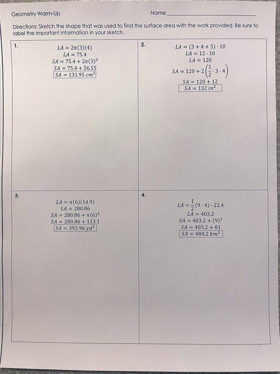 LauraKnight314's tweet photo. What do you think? My Ss have been reviewing finding the surface area of 3D figures. For this activity I want them to look at the work provided and sketch and label the figure that matches. What would you change? #mtbos #geometry #iteachmath https://t.co/kJBz3lhCDG