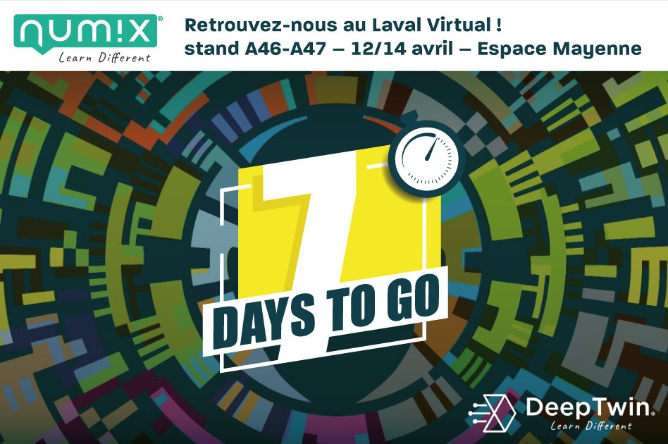 AgenceNumix's tweet photo. Tic tac tic tac… Le @lavalvirtual se tiendra dans une semaine tout juste, nous sommes impatients de vous y retrouver ! Nous vous plongerons dans nos solutions de formations immersives sur casque, mobile, tablette, en solo ou multijoueur…
▶️ RDV stand A46-47 !
#DeepTwin https://t.co/p1AW5rsBkr