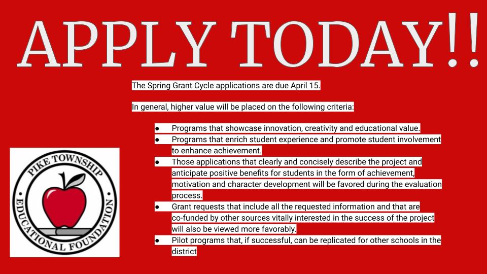 Have you received a grant from PTEF?  We love hearing about how you are using the money!  Comment below!  There are still 10 days to apply.  Check out our website to see some past grant recipients and to fill out your own application.  pike-ef.org/grants/