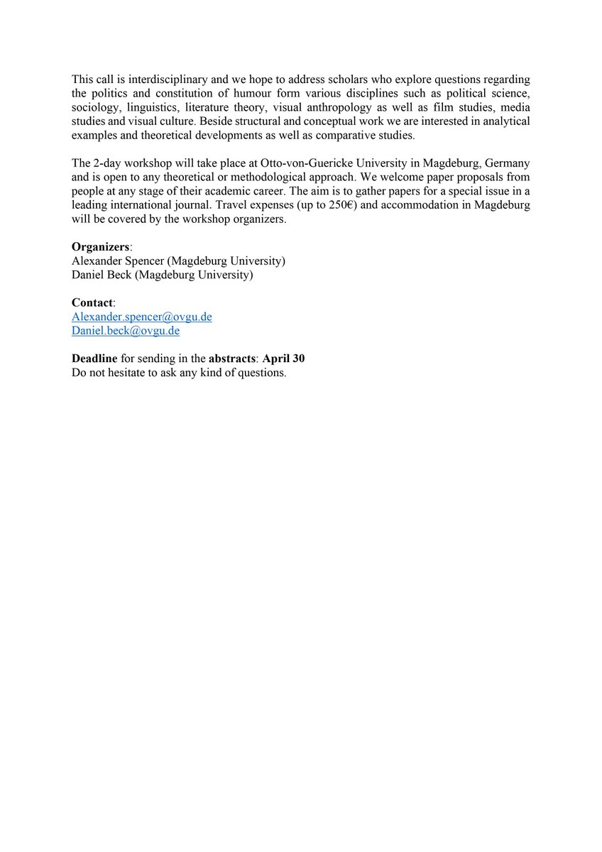 dan1el_beck's tweet photo. Call for Papers: We are looking for contributions to the international workshop “Changing landscapes: From humour and/in politics to humour as politics” 14.-15. September 2022 at the Otto-von-Guericke University Magdeburg
#humour #humourstudies #humourandreligion #popculture https://t.co/Kecdt40Gwr