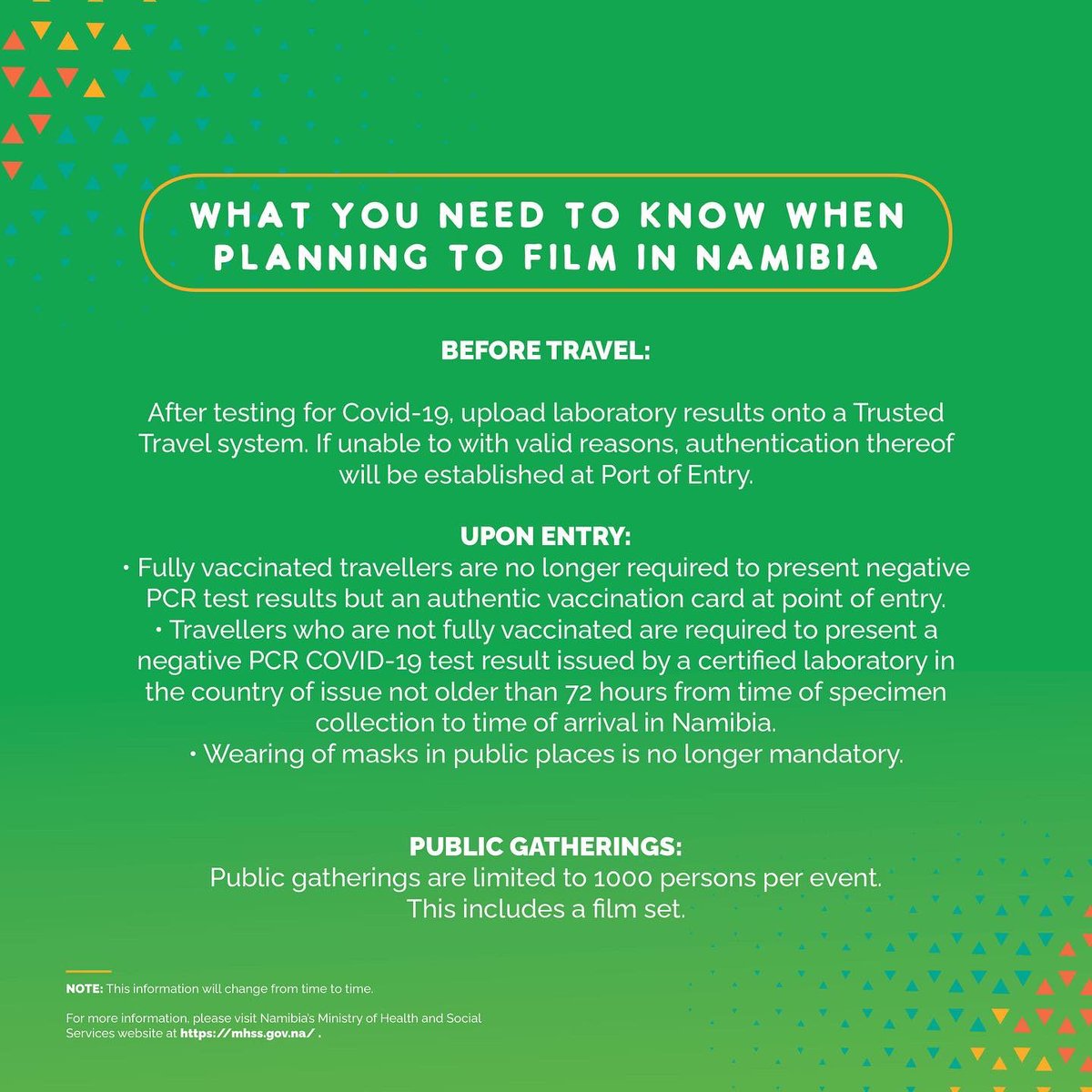 Namibia_F_C's tweet photo. Planning to film in Namibia?
Here are some Covid-19 guidelines you need to know.
#namibiafilmcommission #filminginnamibia https://t.co/0cLud5HDkQ