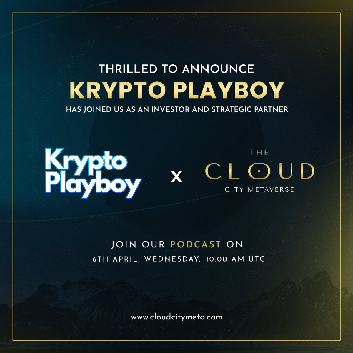 the_cloudcity's tweet photo. We are thrilled to announce that @KryptoPlayboy  has joined #TheCloudCityMetaverse as a partner. Also don't forget to join our #podcast tomorrow. See you there. #podcast #partnership https://t.co/ABSFWpFgXz