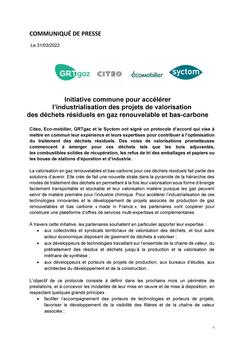 LeSyctom's tweet photo. 📰 Initiative commune entre @lesyctom, @grtgaz, @citeofrance et @eco_mobilier pour accélérer l’industrialisation des projets de #valorisation des #déchets résiduels en gaz #renouvelable et #bascarbone. https://t.co/NQtHOoMRDN