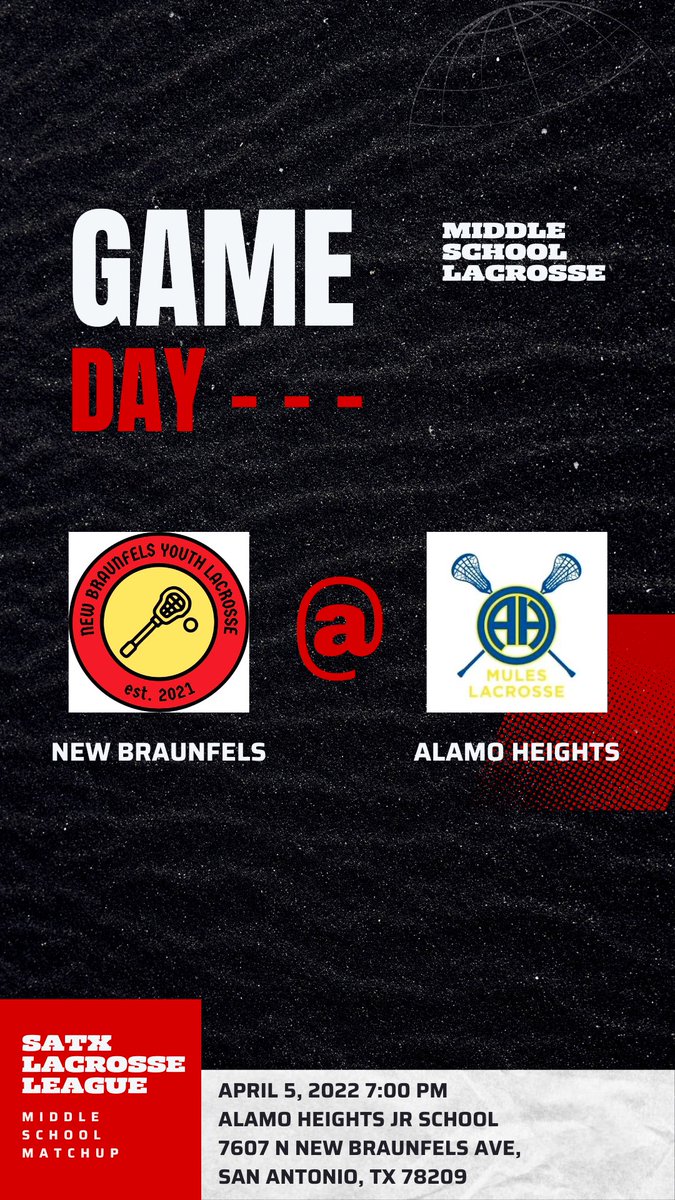 newbraunfelslax's tweet photo. GAMEDAY for Middle School!
🔺7:00pm
🔺@ Alamo Heights
🔺Alamo Heights JR School
https://t.co/HKc8Cz4ZdO
#nbyl #nbtx #newbraunfels #comal #lacrosse #lax #satxlax https://t.co/F80EOuwA1J
