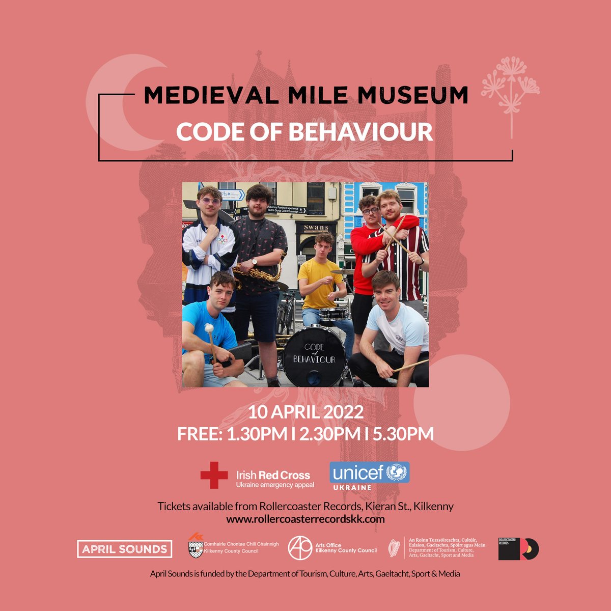 KilkennyNotices's tweet image. April Sounds-Code Of Behaviour- Sunday,10th April-Medieval Mile Museum

*ALL GIGS ARE FREE*

Happy Valley Coffee will also be serving up their delicious treats and great coffee for the day

@kclr96fm @KilkennyPeople @KilkennyArtsOffice @DeptCulturelRL 
#LLPPS #locallive #kikenny