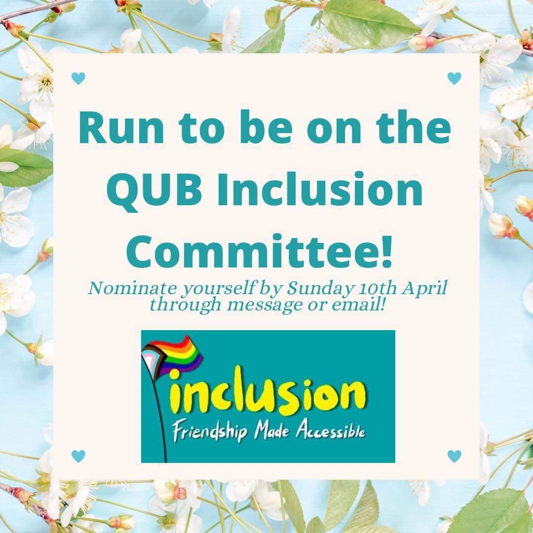 QUBInclusion's tweet photo. Are you passionate about inclusion and disability campaigning? 

Run to be on our 2022/2023 committee ⬇️

Check out our thread to see the various roles available and put yourself forward by Sunday the 10th of April through message or email inclusion-soc@qub.ac.uk 🧵 https://t.co/ObrsHFP6Pa
