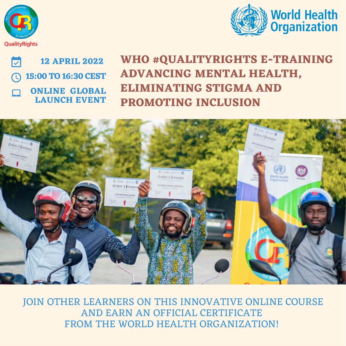Join us for the global launch of the <a href="/WHO/">World Health Organization (WHO)</a> #QualityRights e-training on #mentalhealth, recovery and community inclusion. 🗓️ April 12th | 15:00-16:30 CEST. Register for the free event here: bit.ly/3qDQ8zl