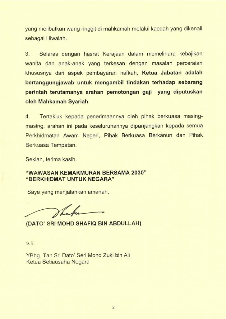 TANGGUNGJAWAB KETUA JABATAN BAGI MELAKSANAKAN PERINTAH MAHKAMAH DALAM KES TUNTUTAN NAFKAH - Ketua Jabatan bertanggungjawab mengambil tindakan terhadap sebarang perintah terutamanya arahan pemotongan gaji yang diputuskan oleh Mahkamah Syariah. <a href="/jpmgov_/">Jabatan Perdana Menteri</a> <a href="/KPWKM/">KPWKM</a> <a href="/JPWanita/">JPW</a>