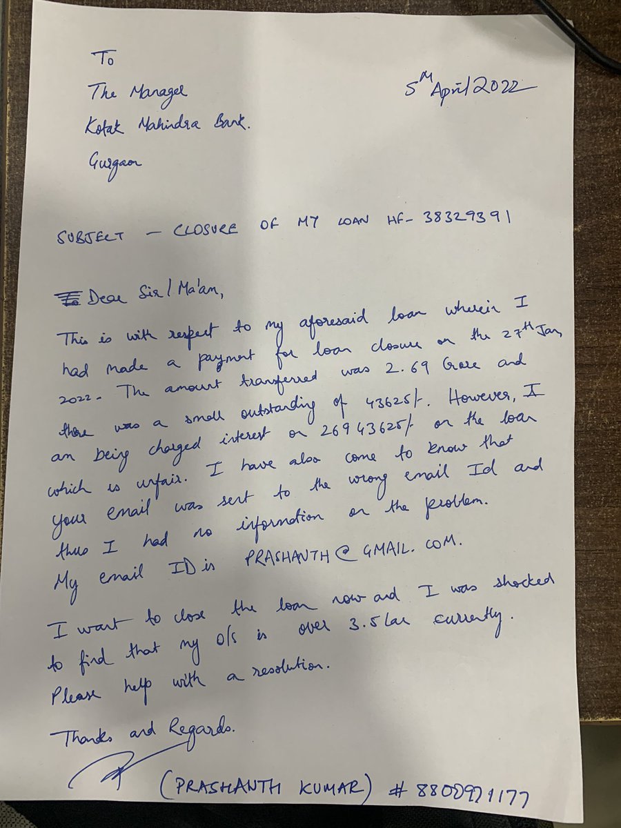 prashanth7kumar's tweet photo. @KotakBankLtd @KotakCares very poor service experience. I have a loan where i am being asked to pay an interest of 3 lac for 2 months on an outstanding of 40k. This is illegal and financial harassment. @udaykotak @RBI - plz resolve this asap. Im attaching my complaint letter. https://t.co/2tAojKu1r3