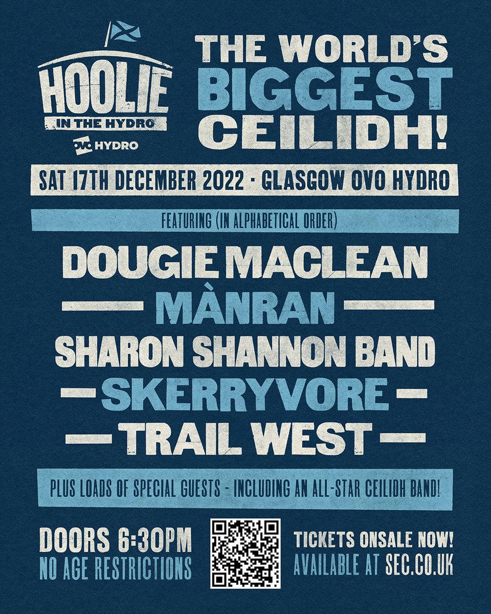 WORLD’S BIGGEST CEILIDH 🎻🕺🏼💃🏻

Join us and an absolutely incredible lineup for a world first: a ceilidh in THE HYDRO.

Tickets available now! Let’s break some records 🥇🏆
