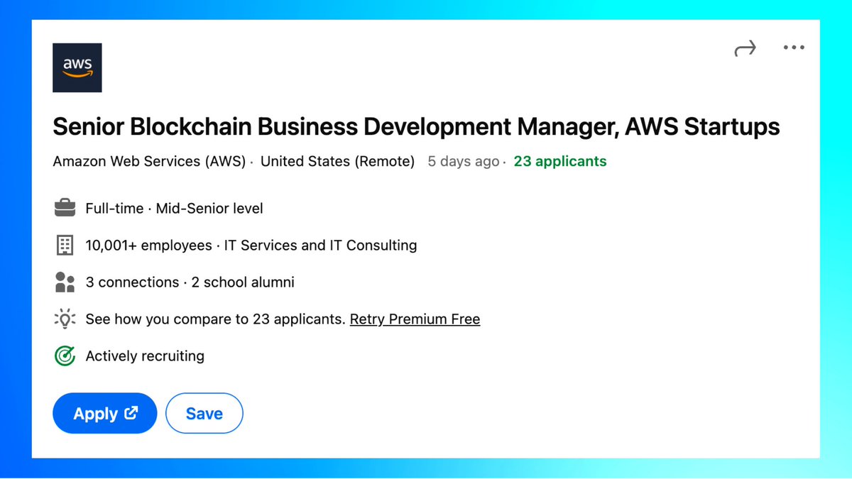 Blockworks's tweet photo. Amazon Web Services is hiring an expert to work with crypto startups 👀 https://t.co/Laf6yHDtac